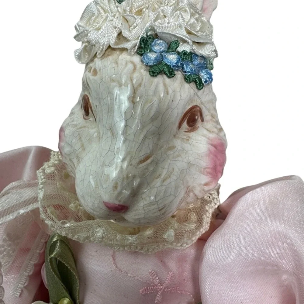 Dept 56 Easter Bunny Rabbit Doll Pink Satin Victorian Dress Floral Lace 18